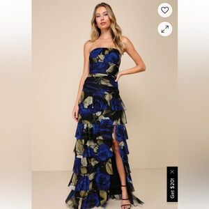 Blue and Gold Strapless Maxi Dress